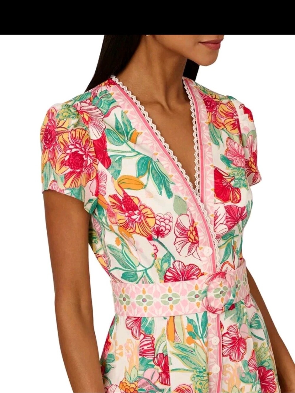 Adrianna Papell Women Floral Printed Romper Sz 10 Pink Green Lace Trim Belted - Picture 2 of 15